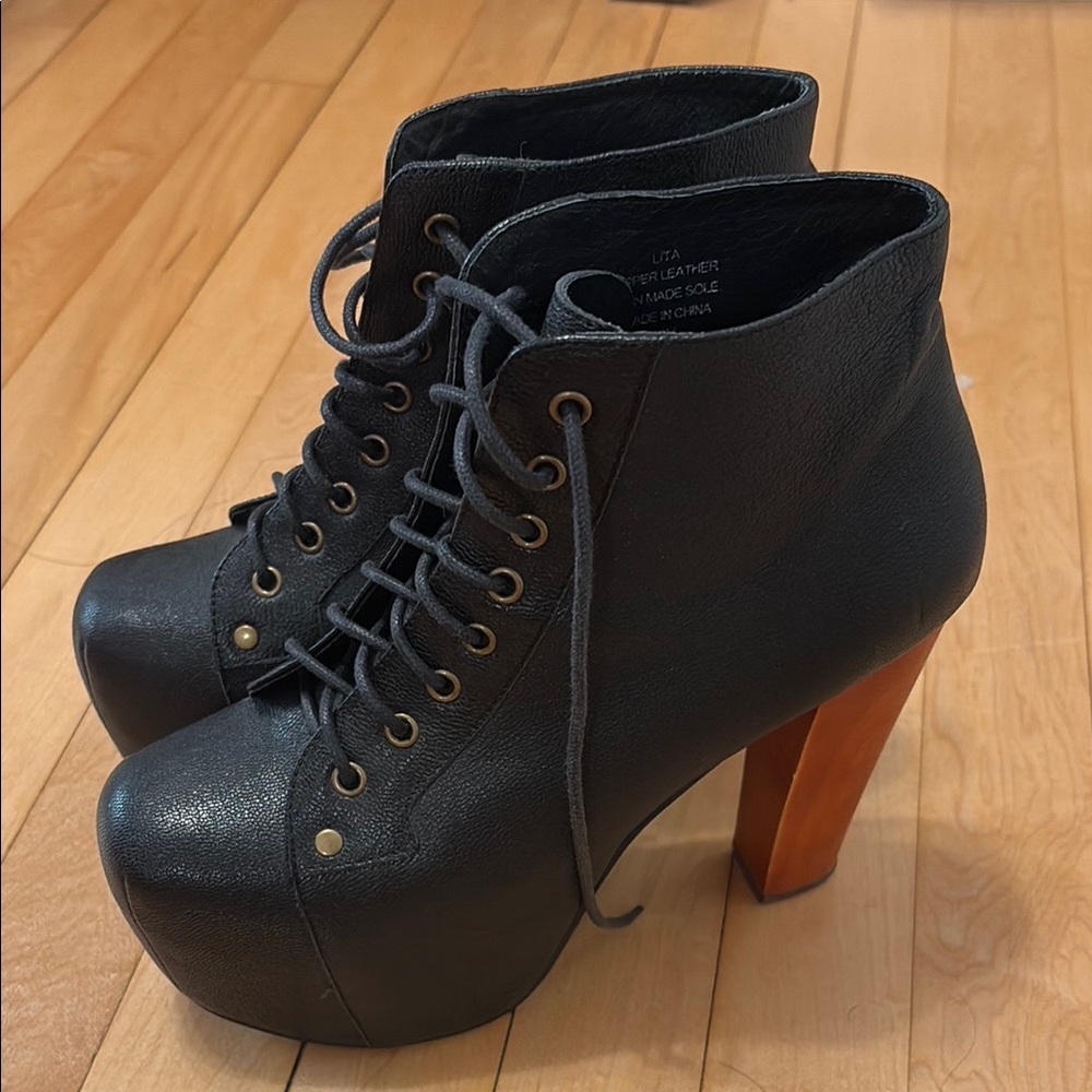 Jeffrey Campbell Black Lace Up Boots with Chunky Heel